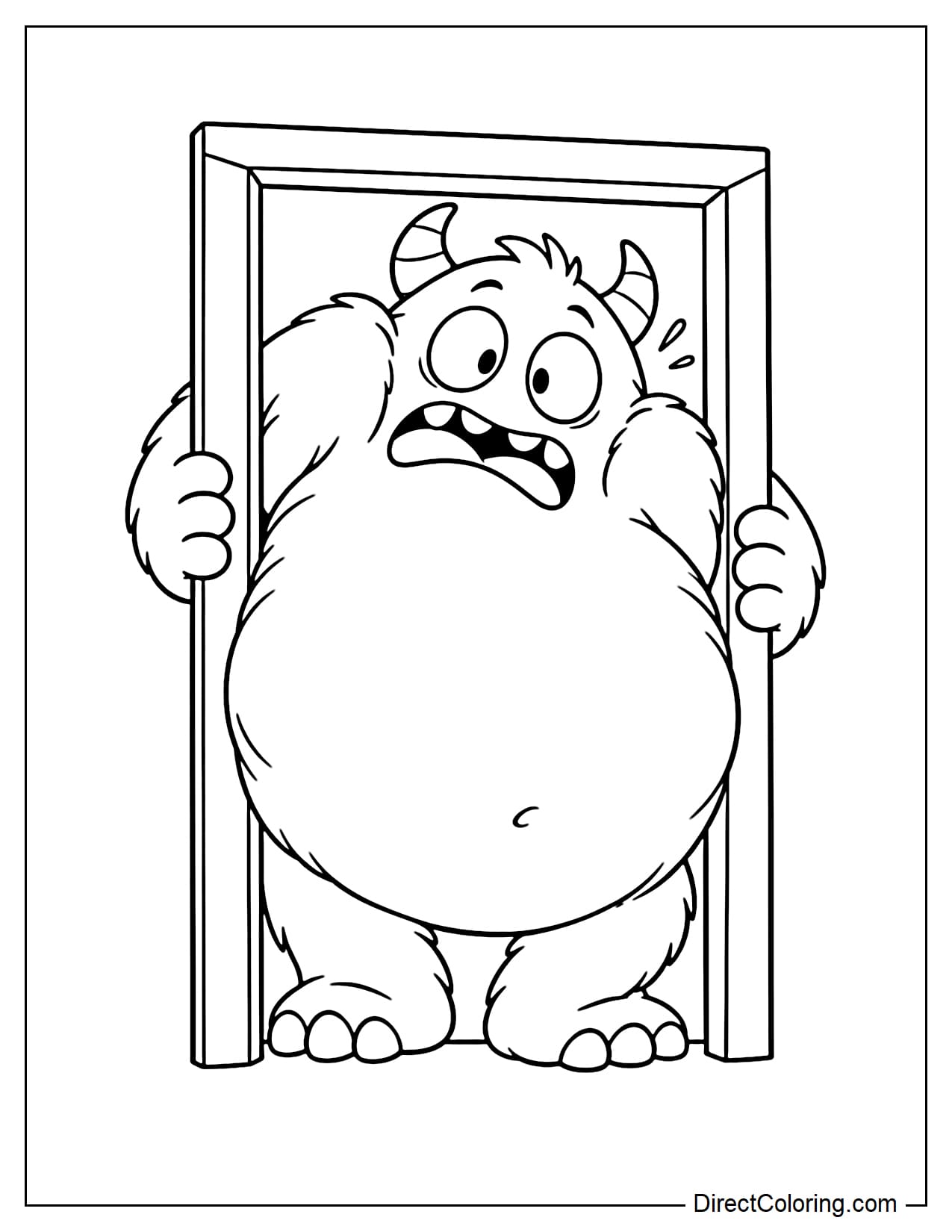 A big, round monster tries to squeeze through a tiny doorway, but its belly and shoulders get stuck while both hands grip the doorframe.