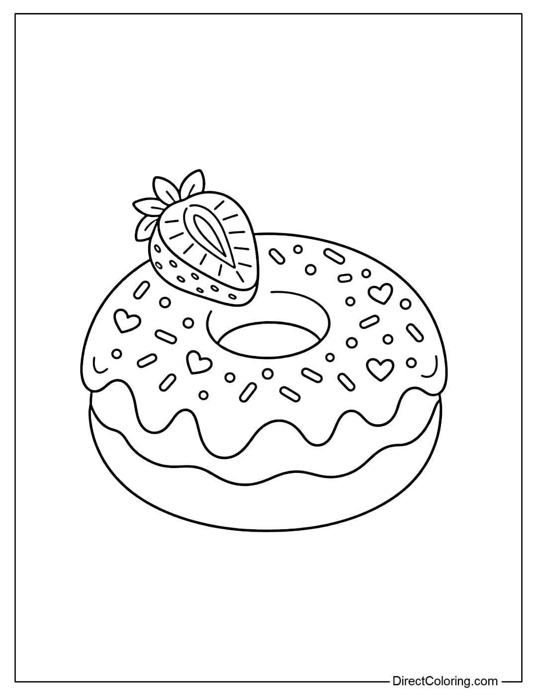Coloring page of a donut topped with strawberry cream, small decorative seeds, and a slice of strawberry.