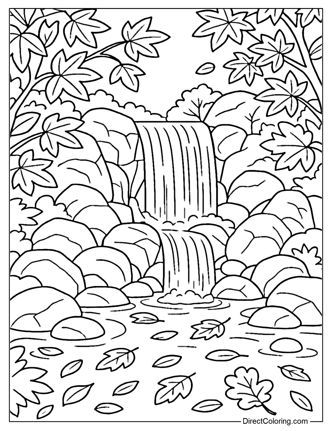A waterfall coloring page in the middle of a forest of red and yellow maple leaves, large pebbles, and fallen leaves on the water.