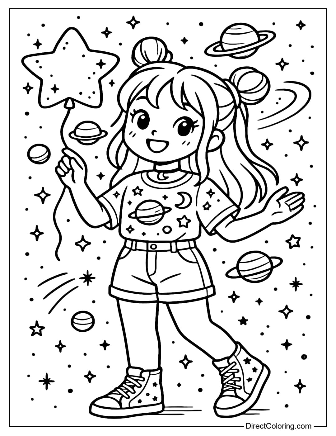 Coloring page of a girl with long hair tied in two high buns, a few strands of hair loose on both sides. One hand holds a sparkling star-shaped balloon, the other hand gently raises.