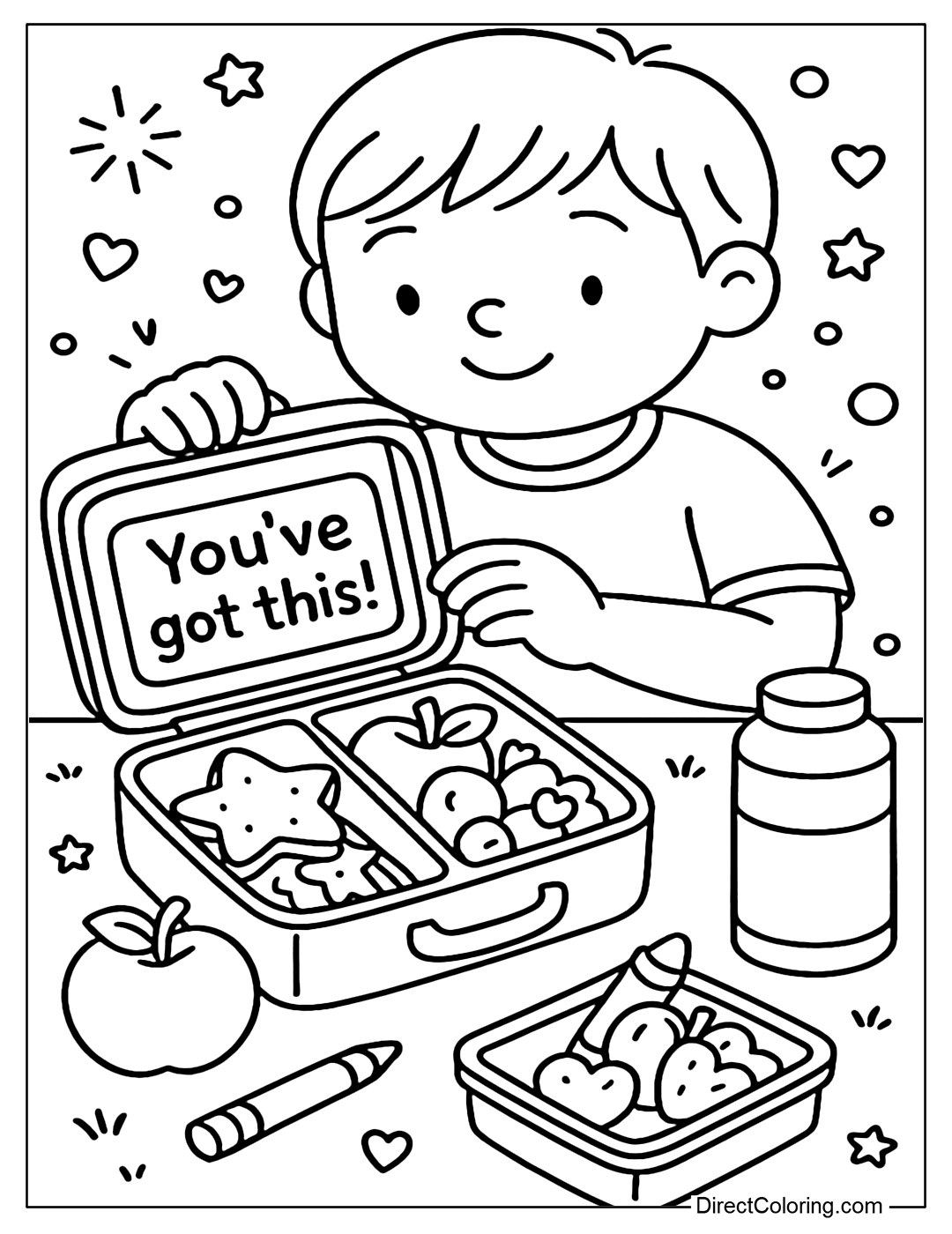 A coloring page of a child opening a lunch box, inside are star-shaped cakes, heart-shaped fruits, and a note You've got this!