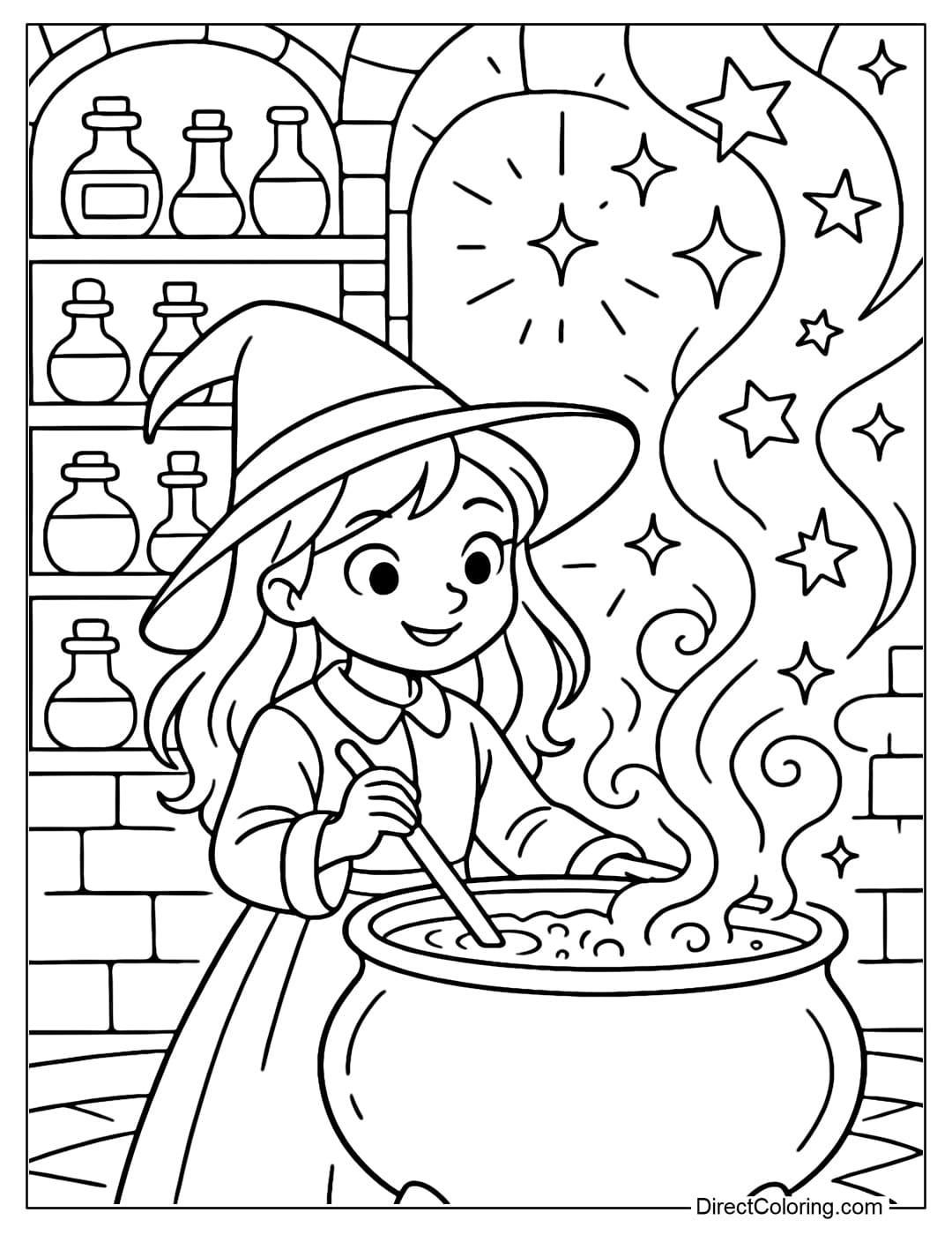 A little witch coloring page in a room full of magic potions, stirring a cauldron emitting star-shaped smoke, magical light spreads throughout the room.