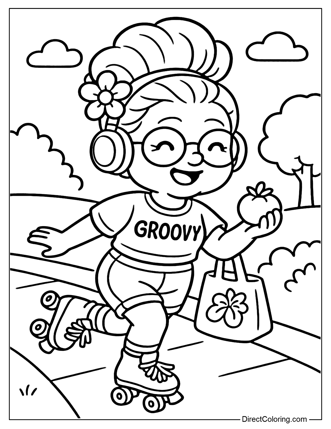 Coloring Page Grandma wears a very bright neon outfit, rollerblading on the sidewalk with big headphones.