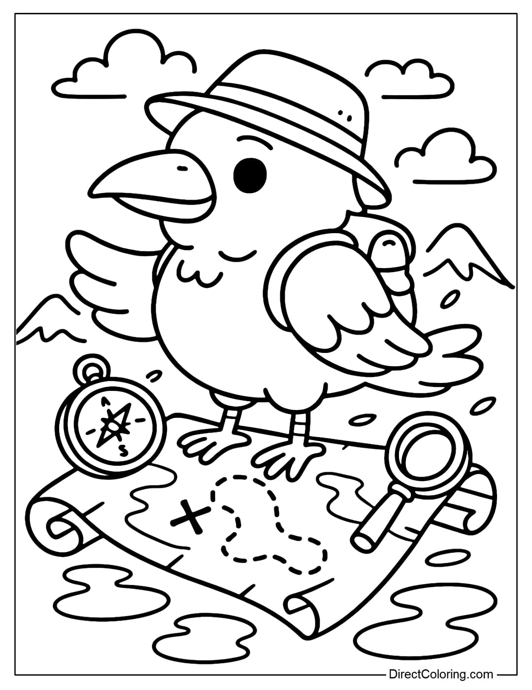 A crow coloring page wearing a small backpack, wearing an adventurer's hat, standing on a rolled-up ancient map, surrounded by a compass and a magnifying glass.