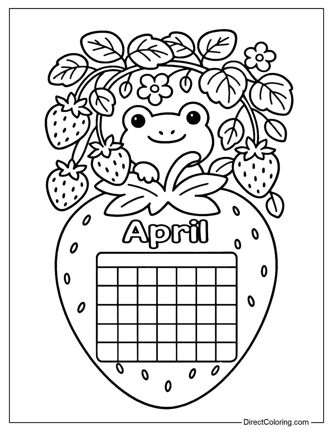 April calendar coloring page features a strawberry garden with a chibi frog peeking out from among the leaves at the top. Below is a calendar nestled inside a large, plump strawberry.