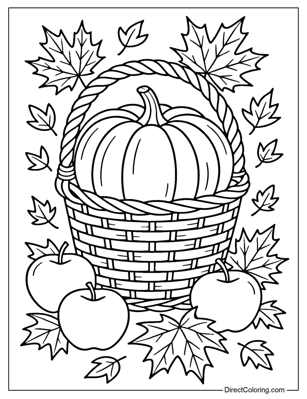 A coloring page of a large pumpkin basket filled with fallen maple leaves and ripe red apples.