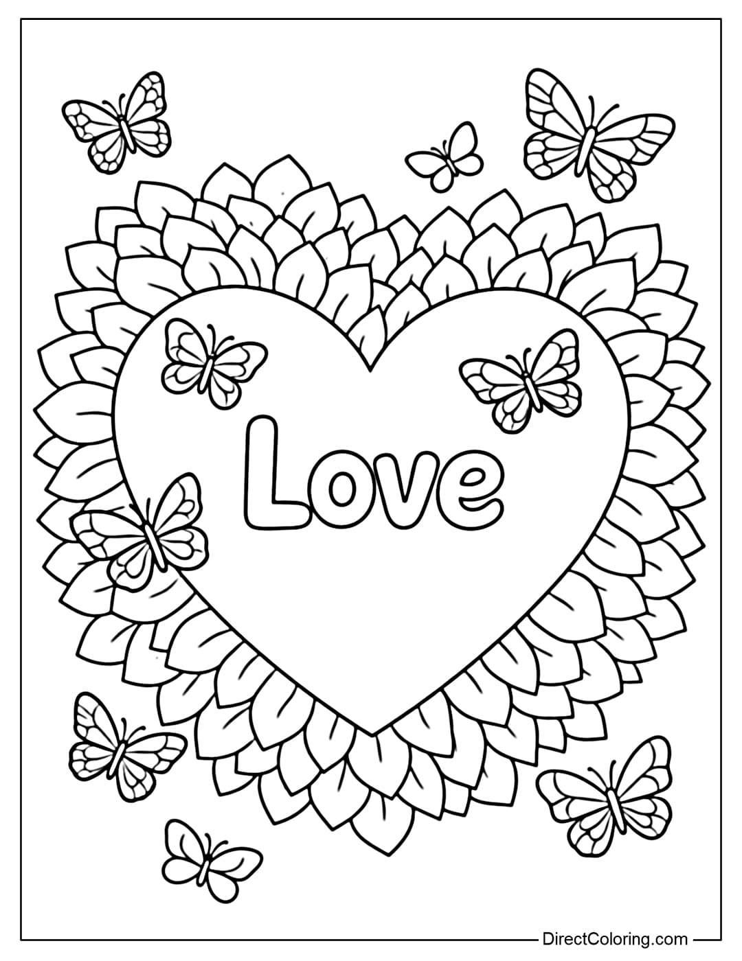 A coloring page with a large heart containing the word 