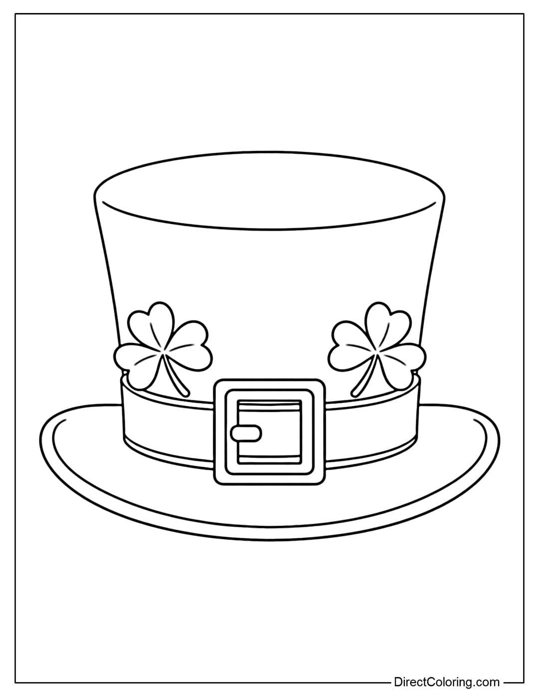 Coloring page for a blue St. Patrick's Day hat with a gold buckle and shamrock motif.
