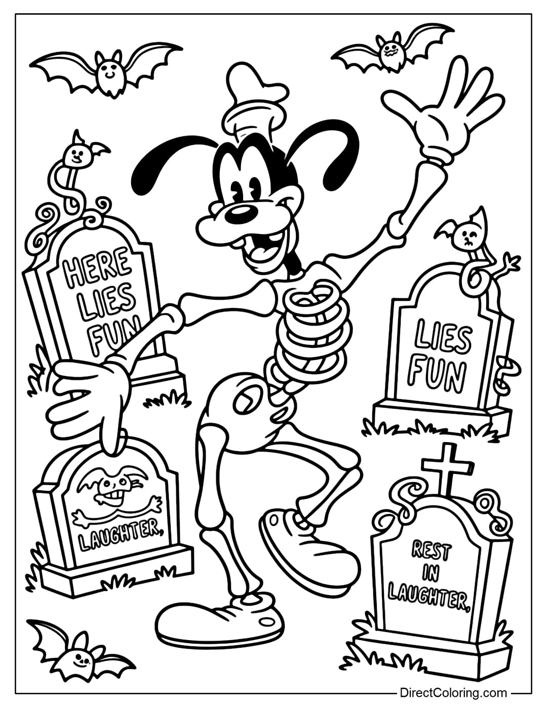 Disney Goofy coloring page in a glowing skeleton, dancing in the cemetery.