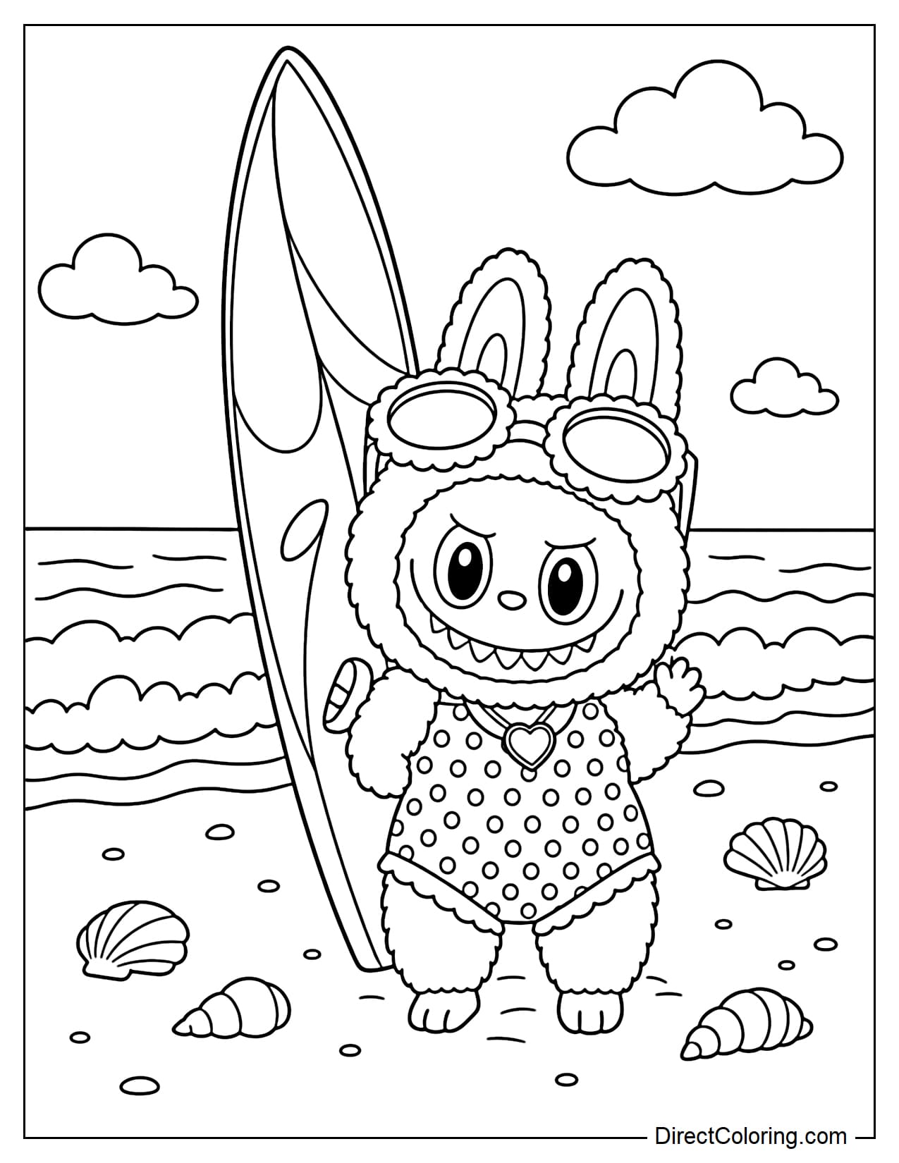 Labubu, wearing a polka-dot swimsuit and goggles on his forehead, stands on the beach holding a large surfboard. Behind him are waves, some clouds, and some seashells on the sand.