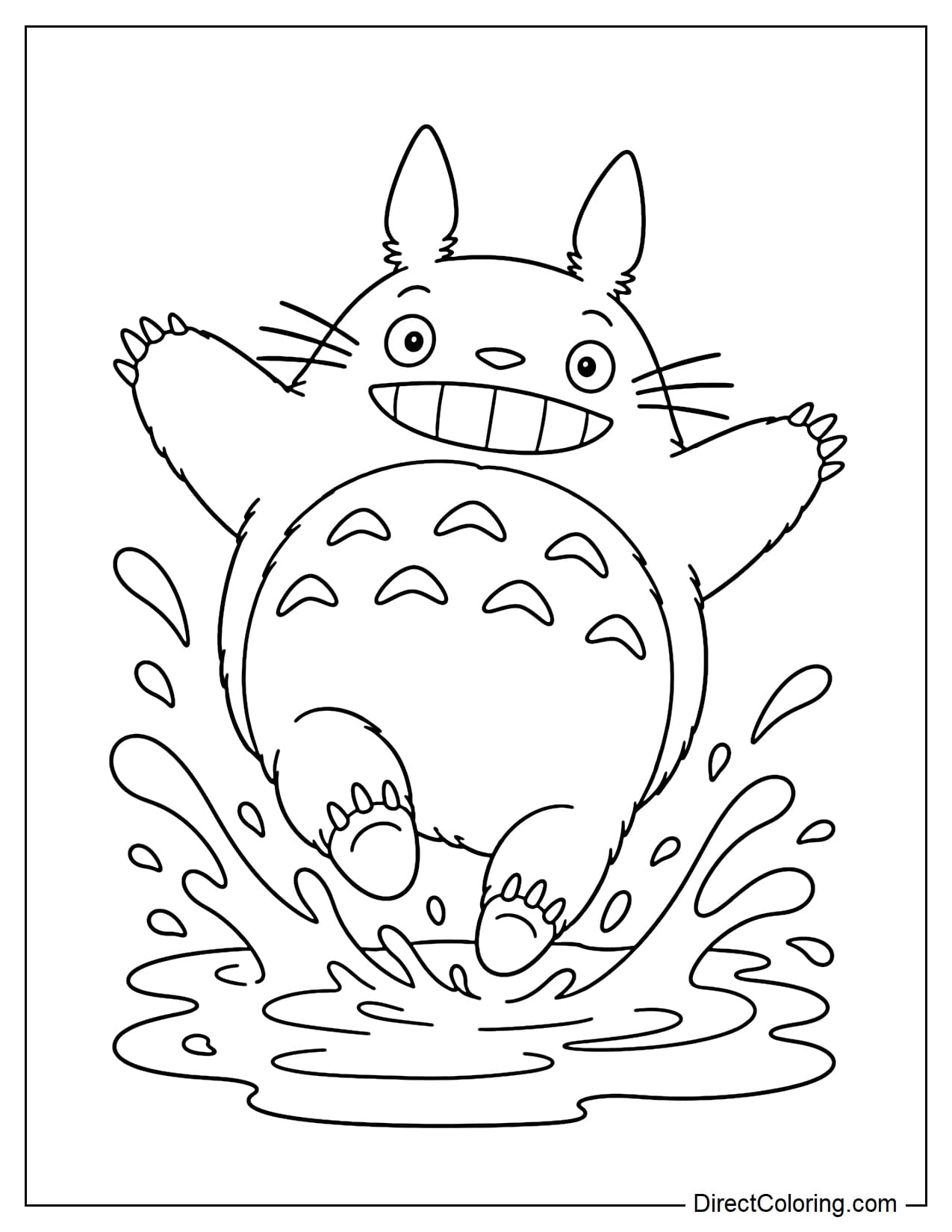 Totoro jumps with both feet into a large puddle, spreading his arms wide as big splashes of water rise on both sides.