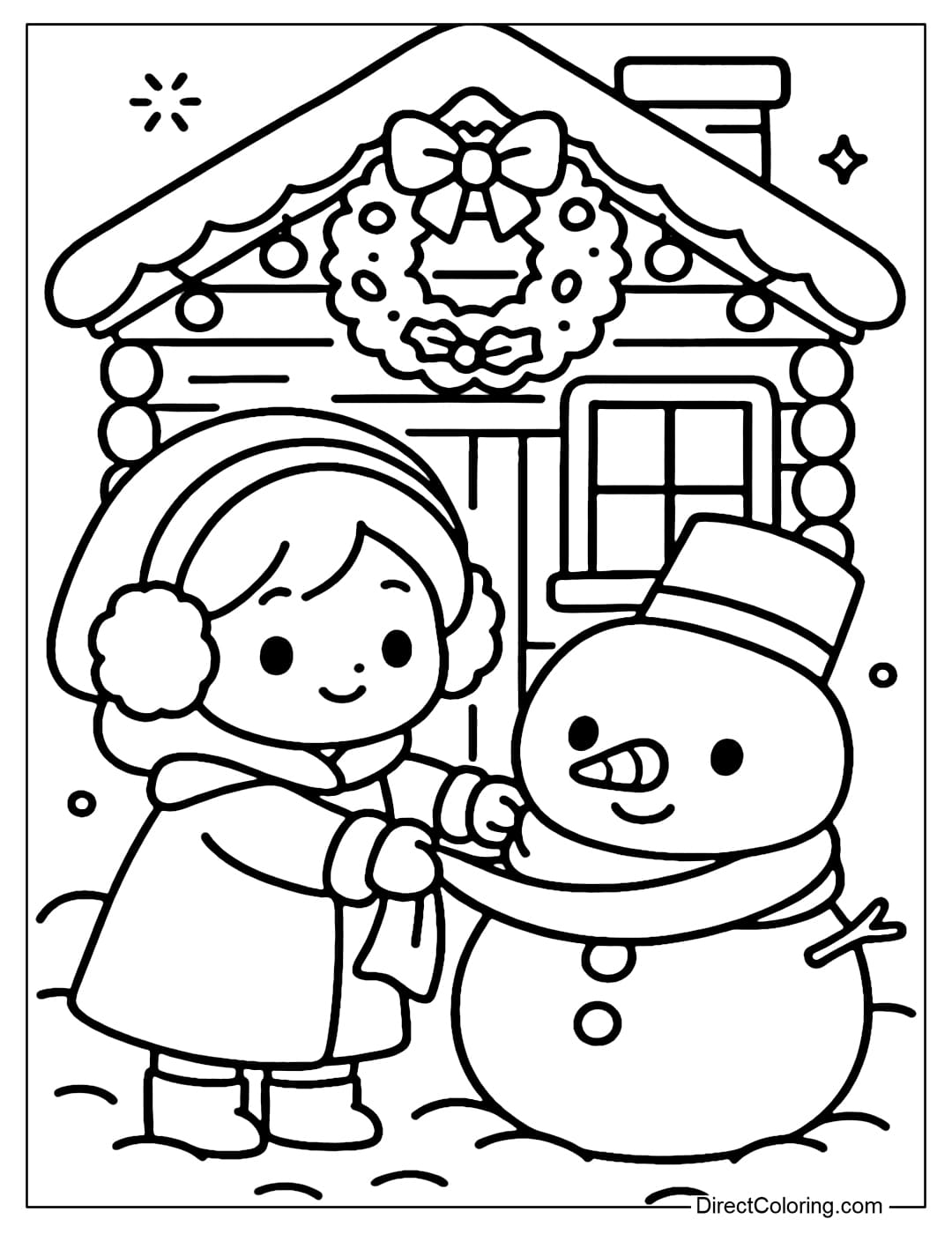 Coloring page of a little girl wearing a fur coat and headphones, hanging a red scarf on a snowman in front of a small wooden cabin.