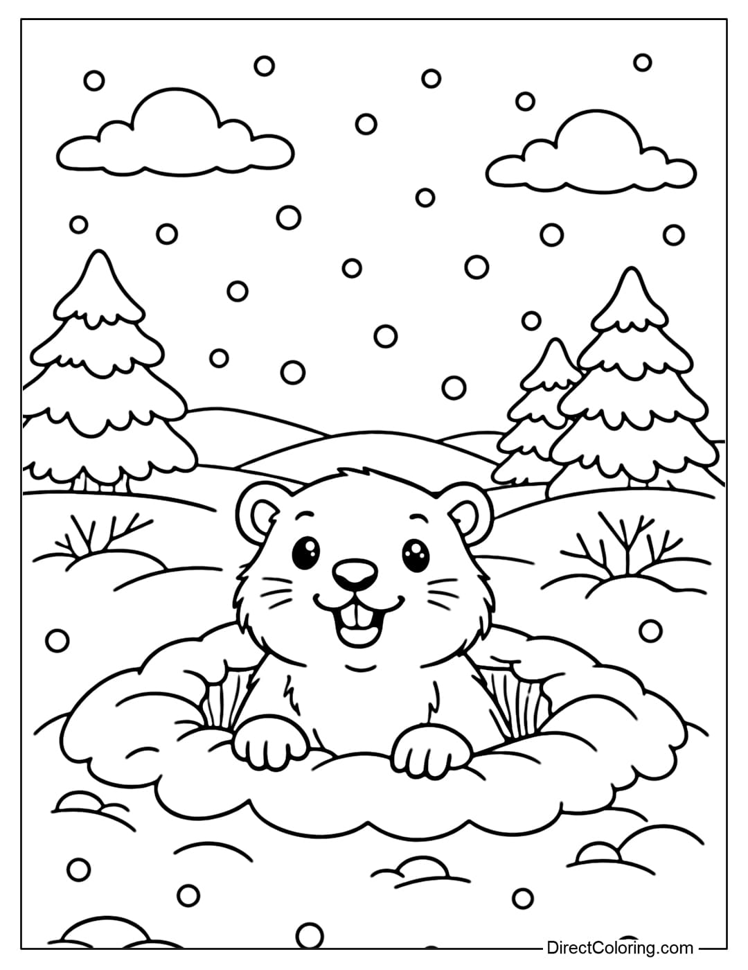 A coloring page of a groundhog with half its body sticking out of its burrow, surrounded by gently falling snow.