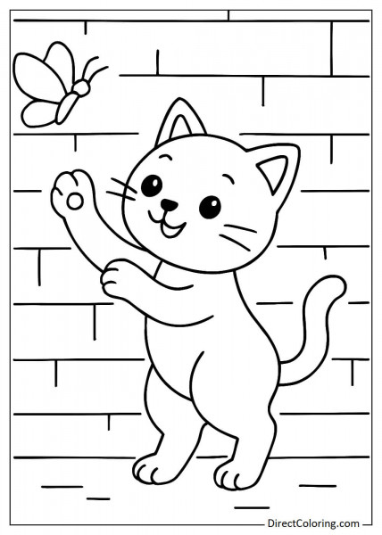 Cat Catches Butterfly on Wall Coloring Page
