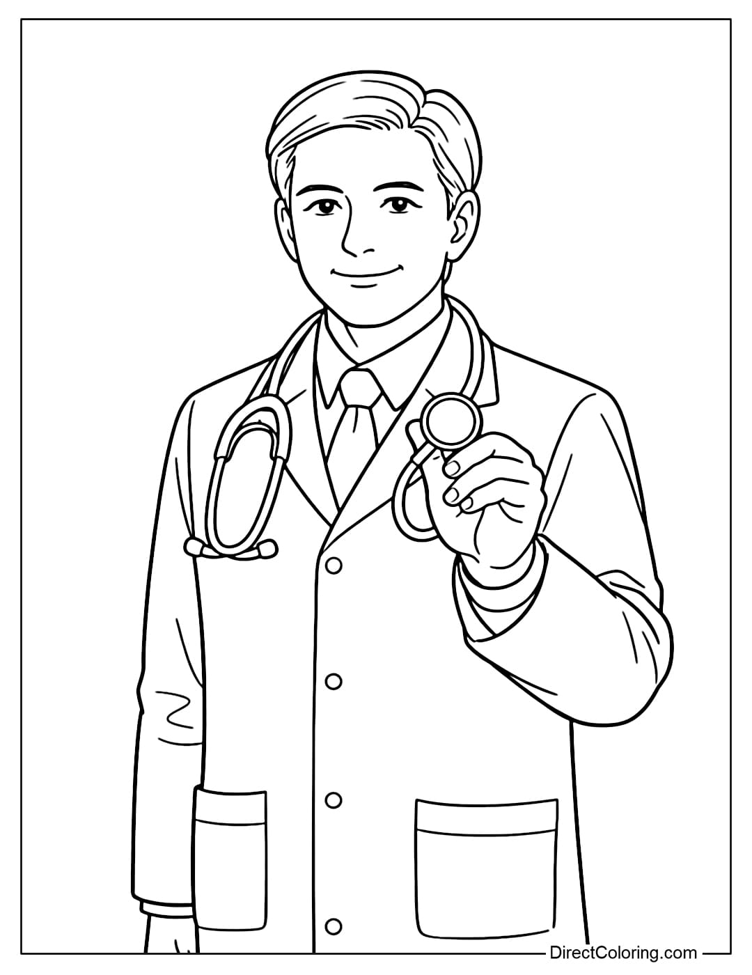 A coloring page of a doctor wearing a stethoscope around her neck, holding the stethoscope head in her hand.
