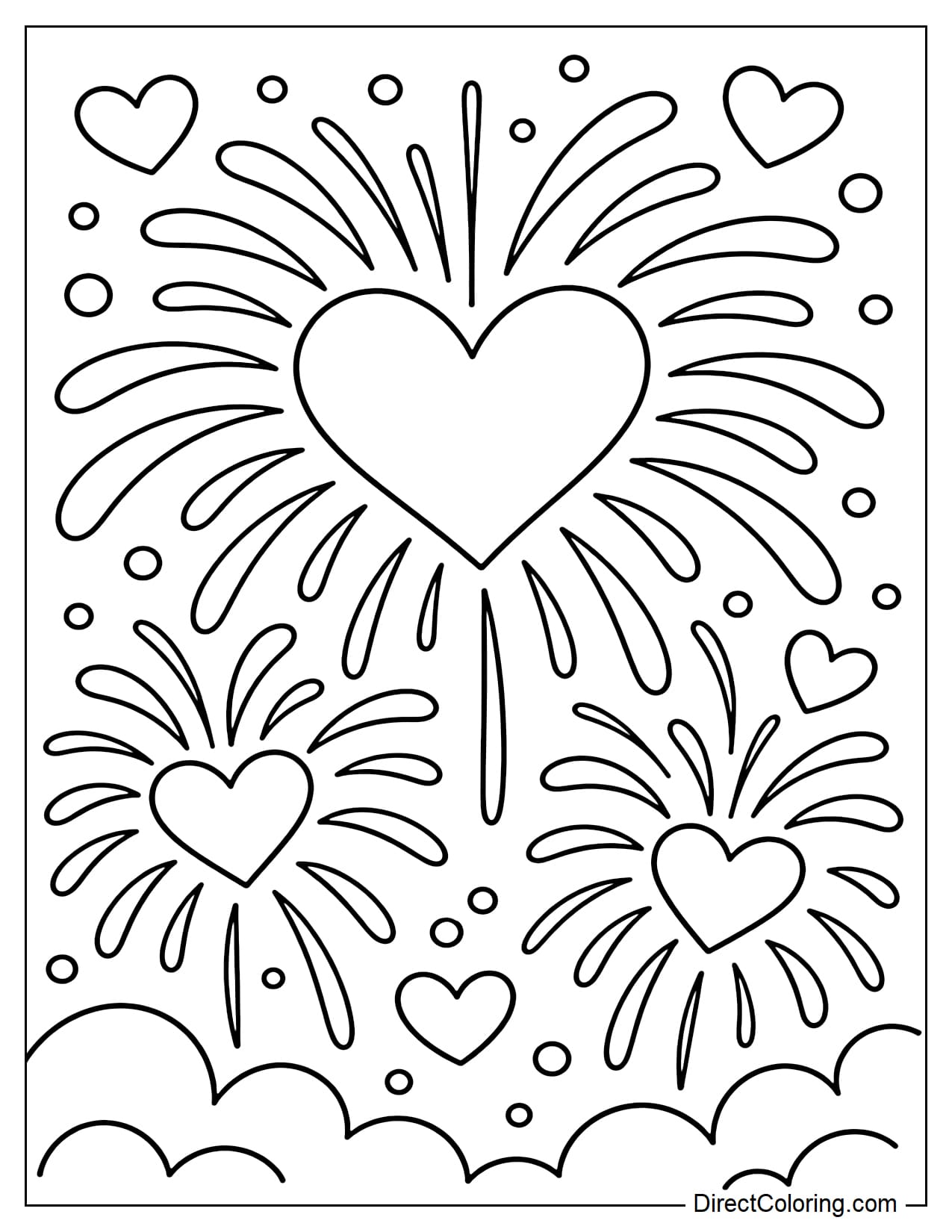 Large heart-shaped clusters of fireworks explode in the sky, surrounded by numerous dots and sparks.