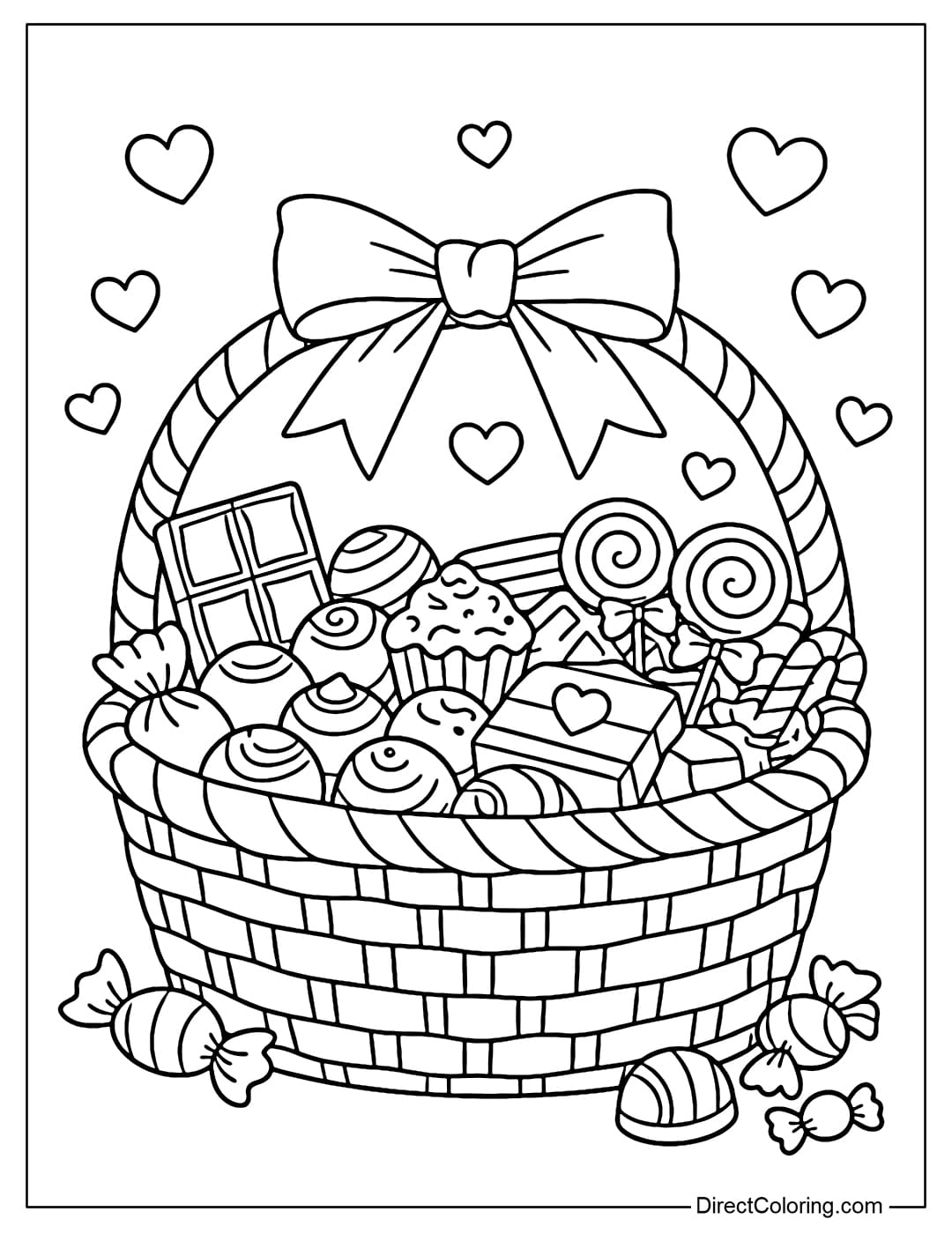 Coloring page of a gift basket containing various chocolates, candies, and decorative bows, with the basket placed in a background of hearts.