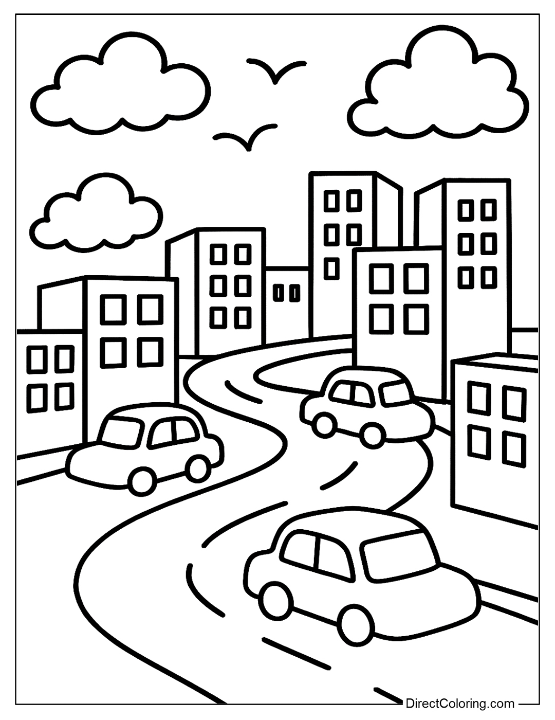 a city coloring page with a winding road and 2-3 simple-shaped cars coloring page