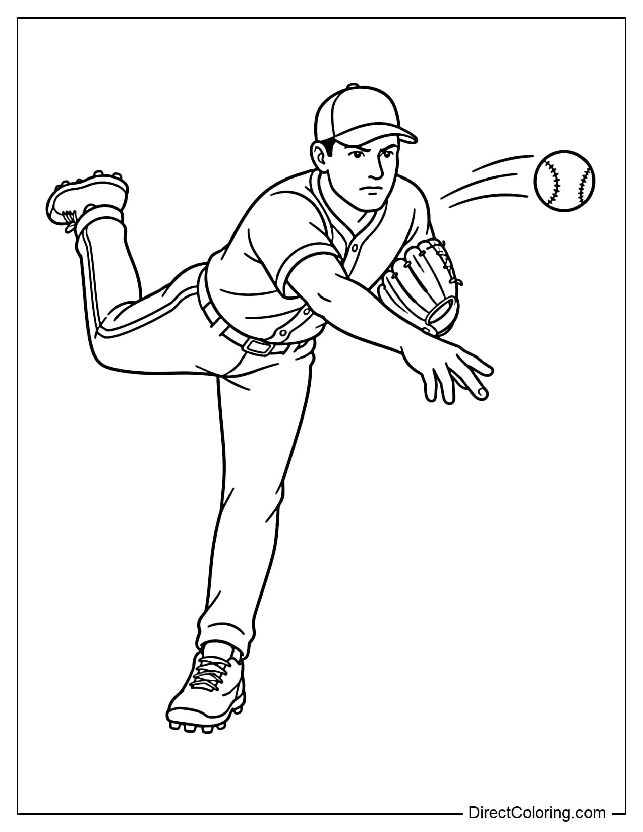 A pitcher in a professional throwing stance with one leg raised and an outstretched arm throwing the ball forward.