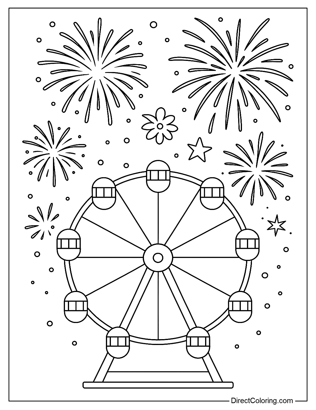 A large Ferris wheel coloring page under a sky full of fireworks