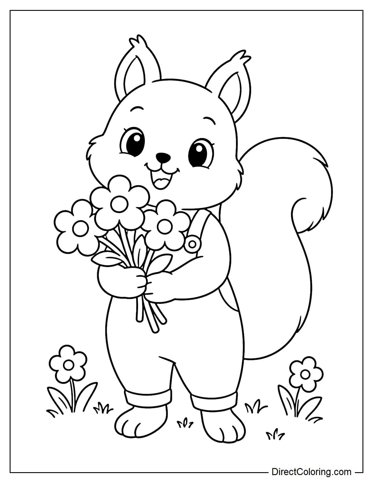 A cute squirrel wearing simple overalls and holding a bouquet of three large flowers in its paws.