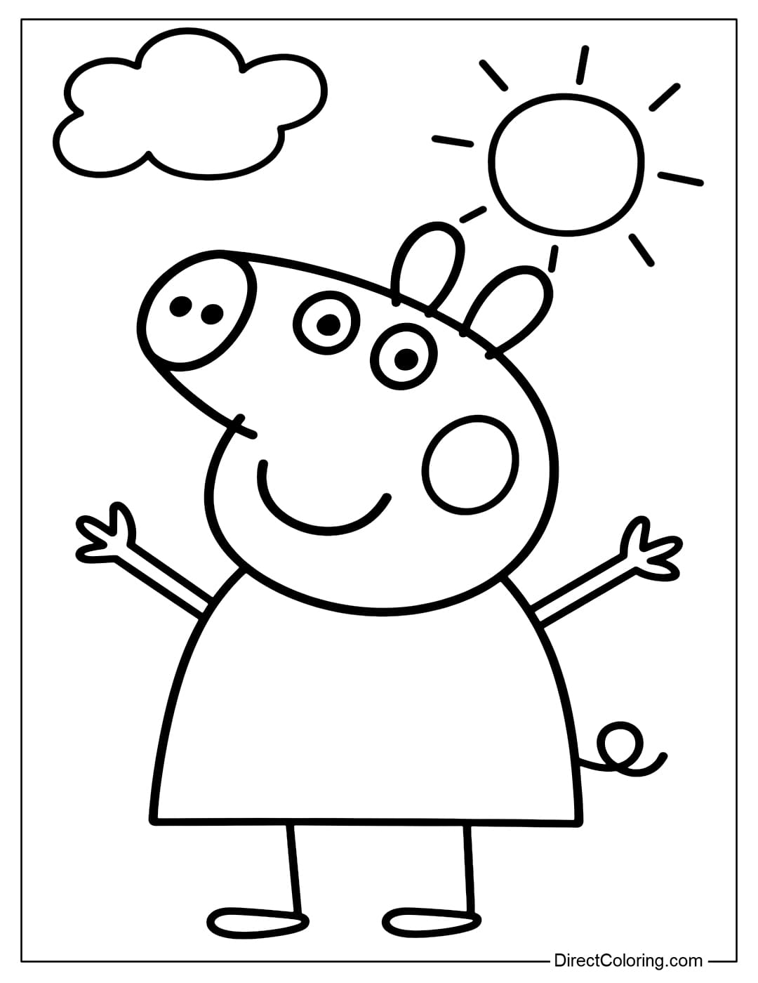 Coloring page Peppa Pig happily raises his hand under the sky with big clouds, the sun shines simply.