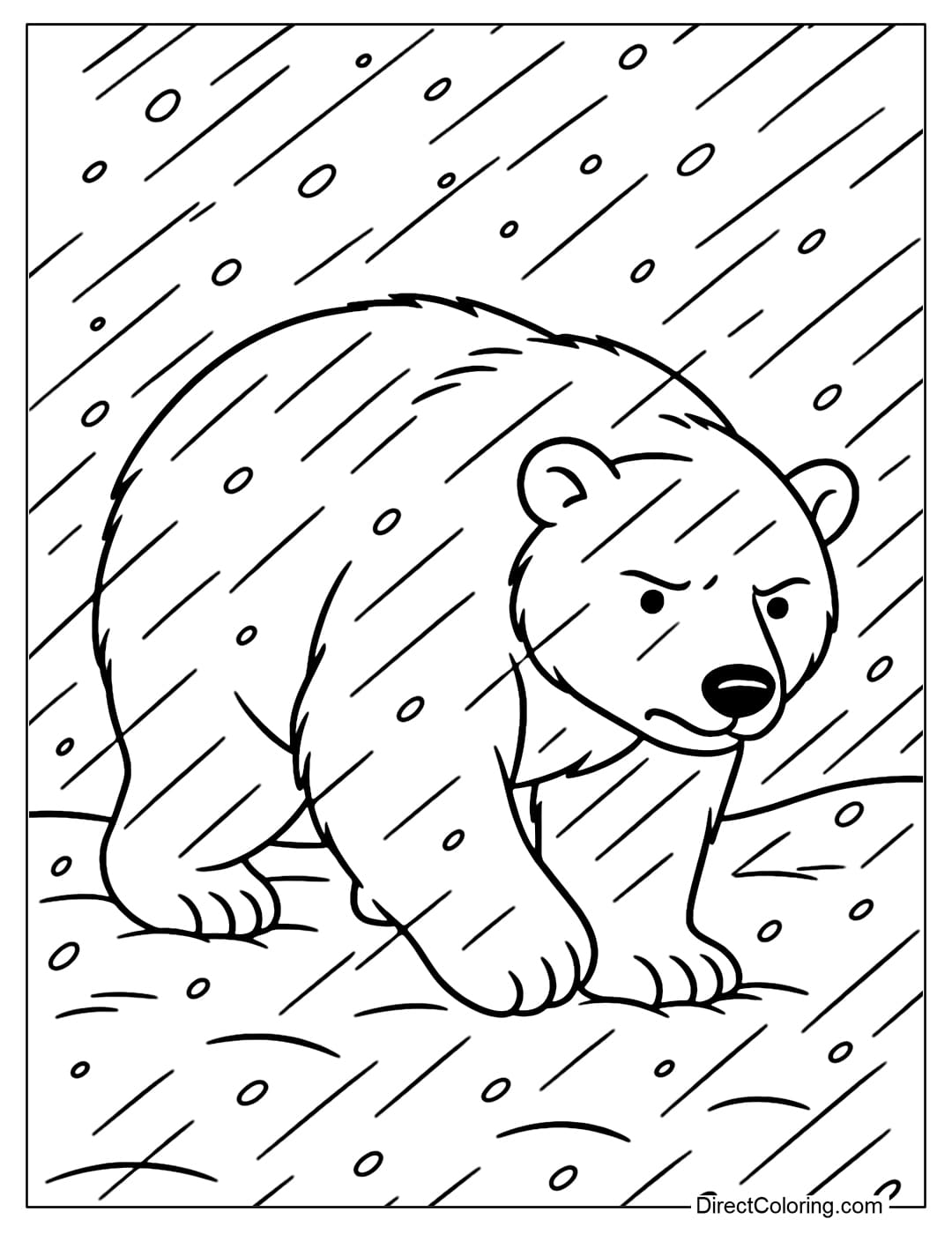 Coloring page of a resilient polar bear in the middle of a snowstorm, creating a strong feeling and a high will to survive.