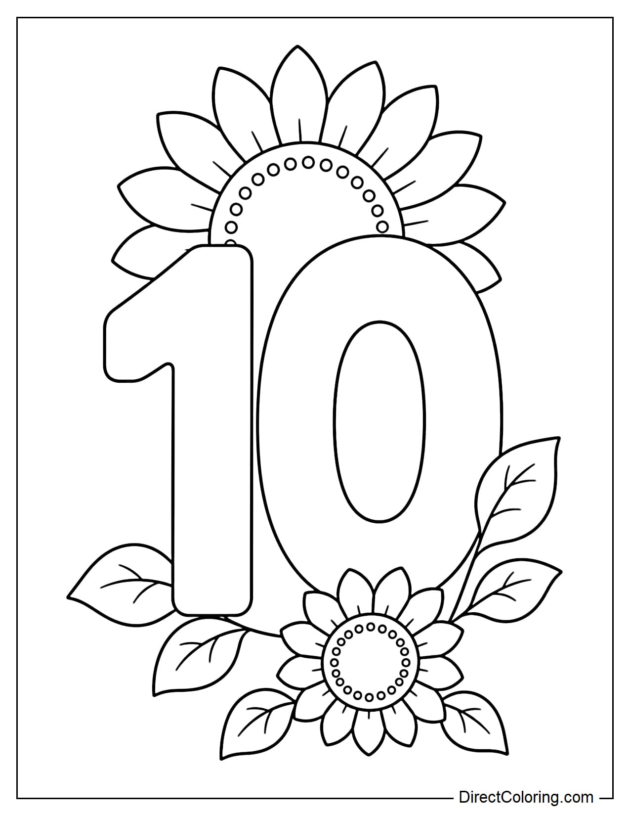 A large, simple number 10, with a sunflower peeking out from behind the top of the number, and a small, slightly off-center sunflower in front of the base, interspersed with a few simple leaves.