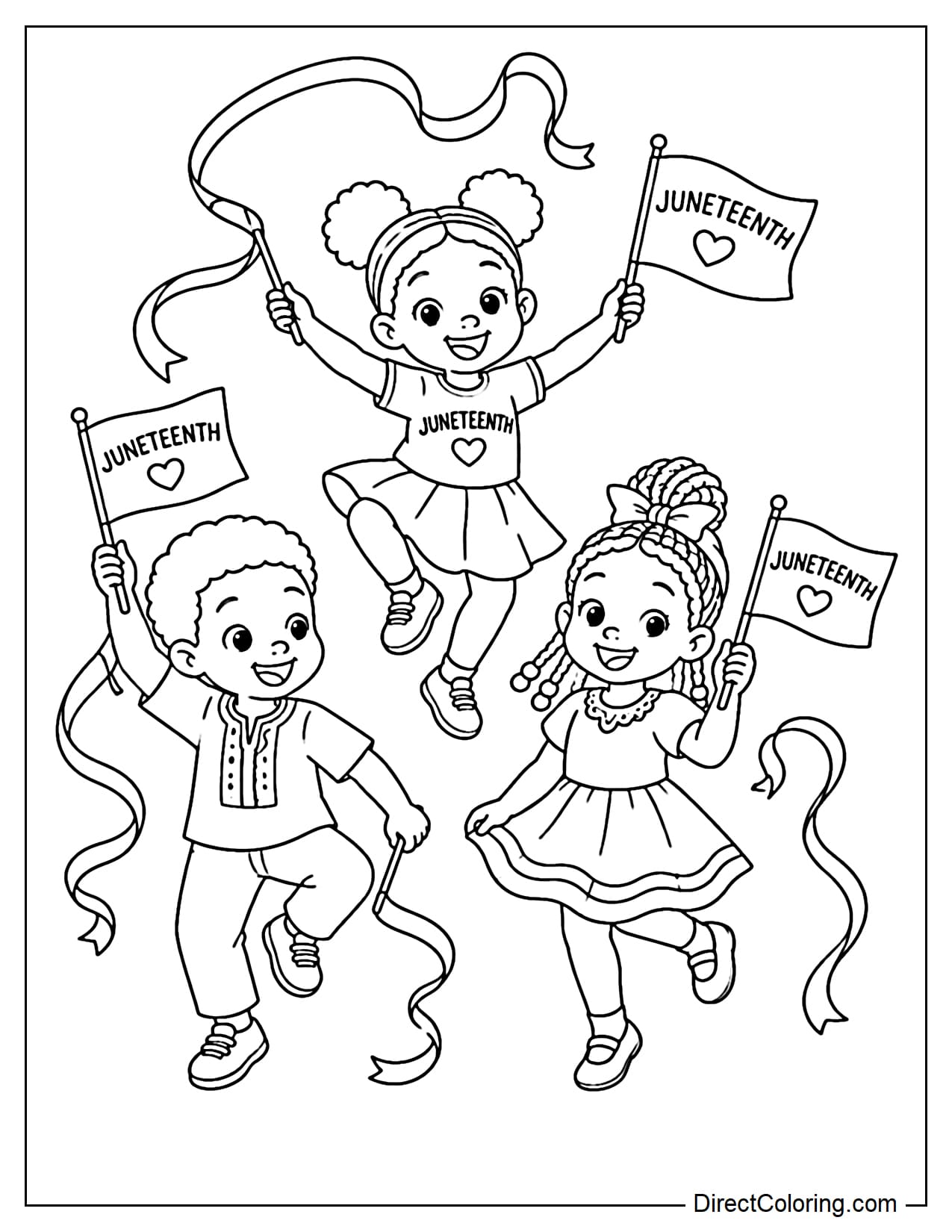 Children dancing happily at the Juneteenth festival, holding ribbons and small flags.
