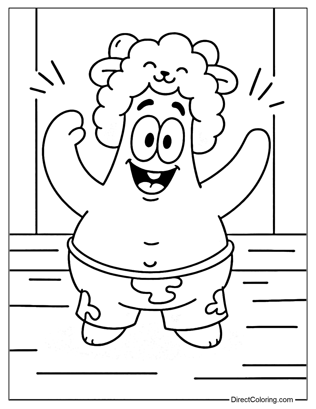 Patrick Star Coloring Page is joyfully raising his arms while wearing a fluffy sheep hat.