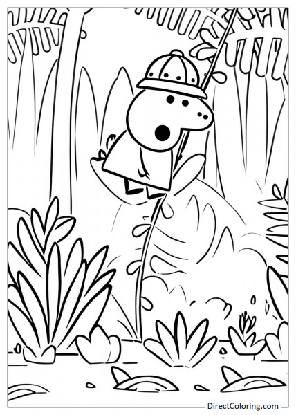 Peppa Pig swinging on a vine in the forest coloring page