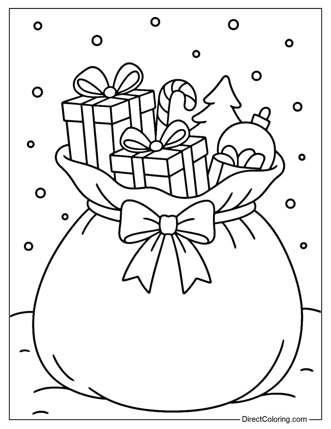 A coloring page of Santa Claus's giant gift bag, with a large ribbon at the mouth, and gifts spilling out.