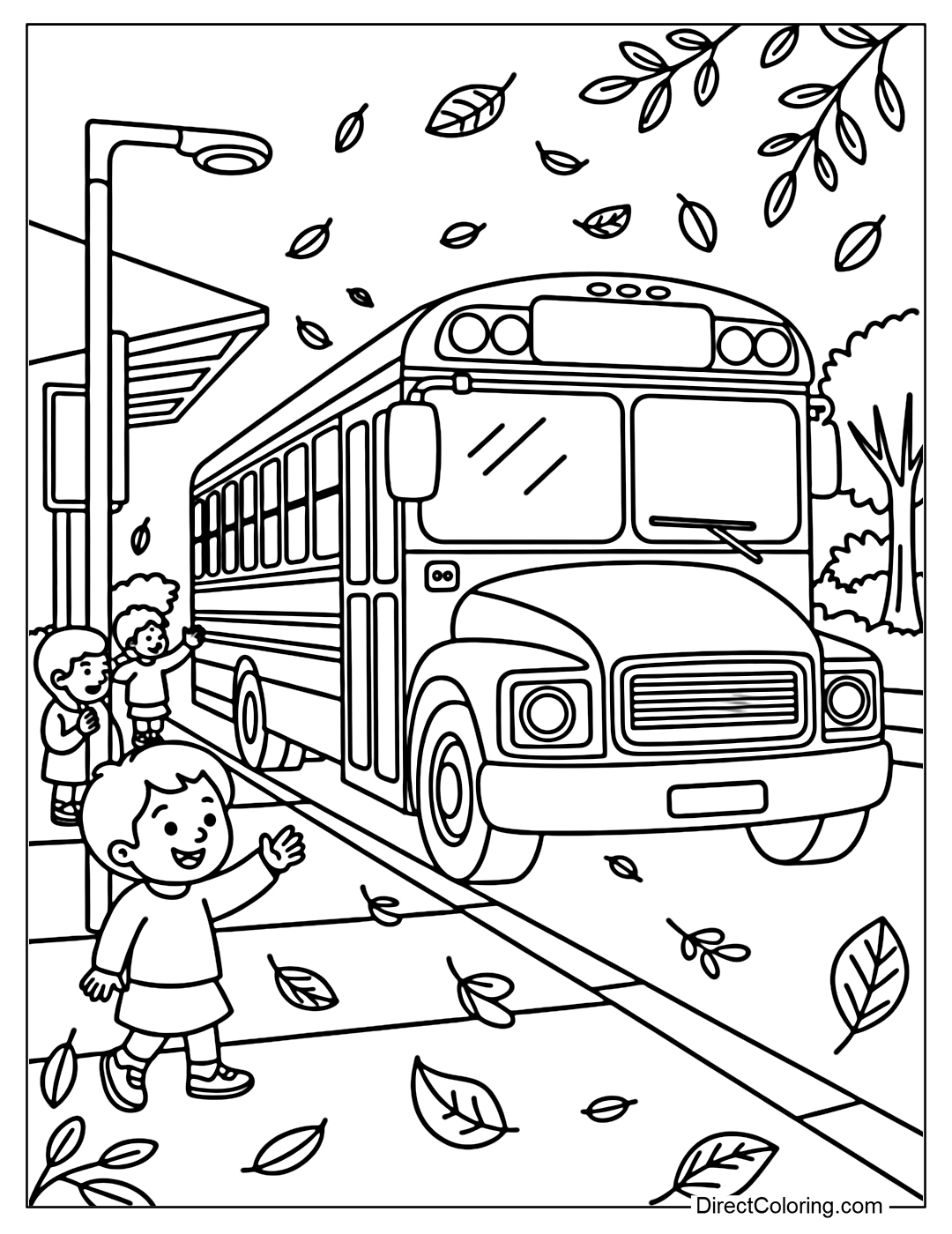 Coloring page of a yellow bus picking up students in the early autumn morning, with a child waving, leaves falling gently around the bus stop.