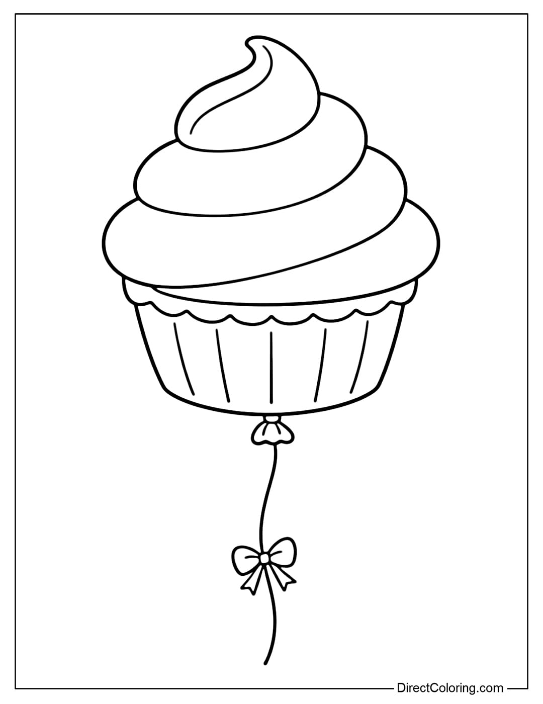 A coloring page featuring a balloon shaped like a cupcake with a swirling frosting on top and a simple base.