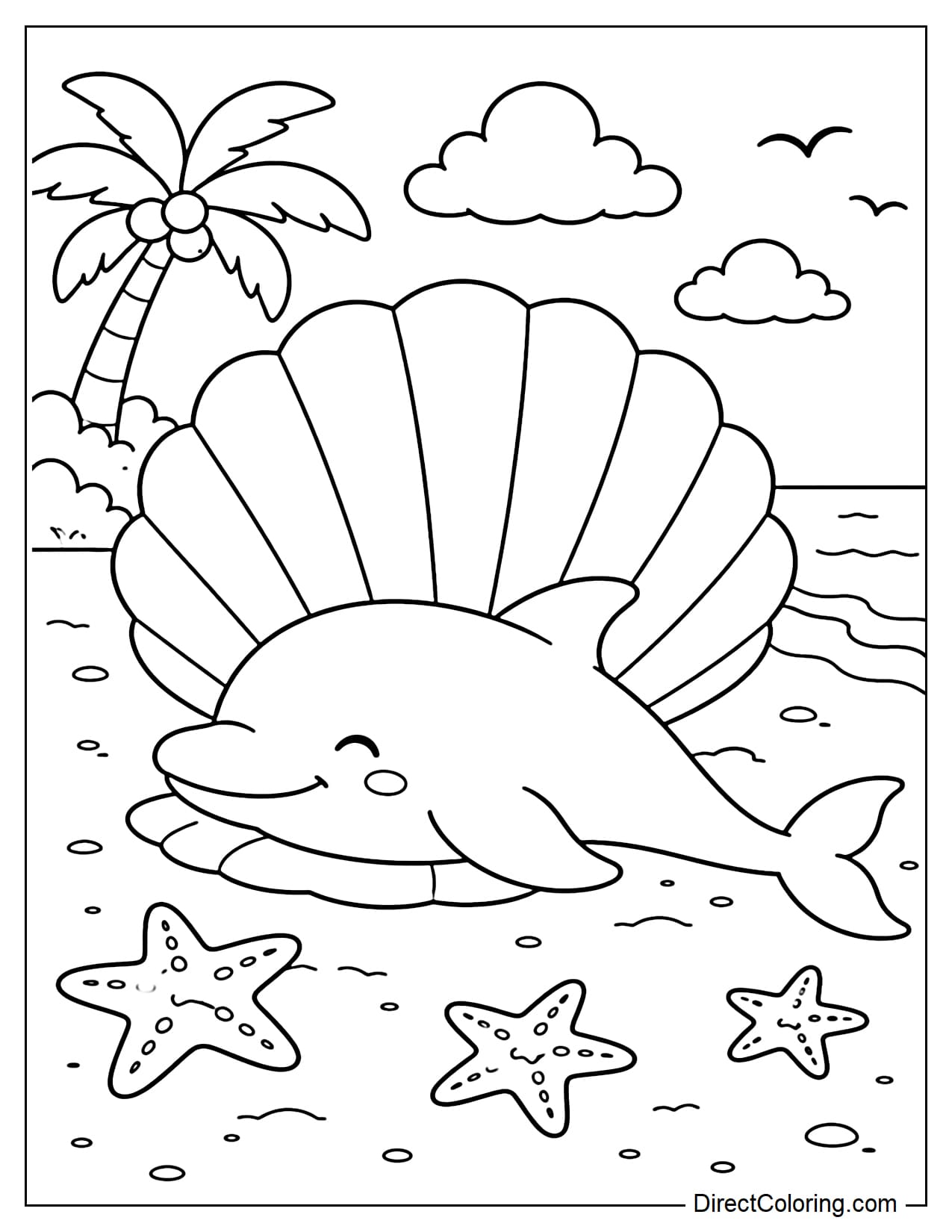 A dolphin is relaxing beside a large seashell on the beach, surrounded by a few simple starfish.