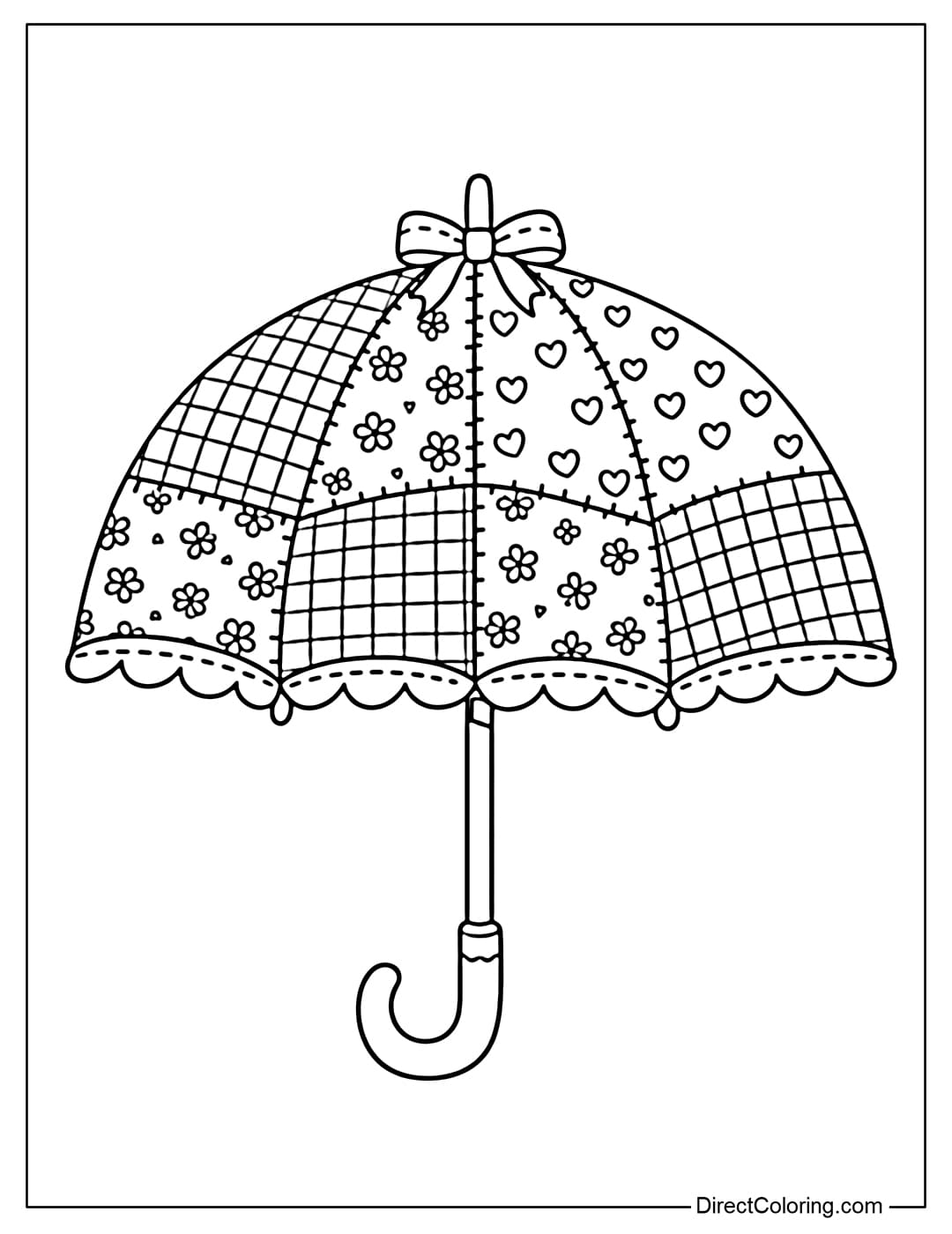 Coloring page of an umbrella made from multiple pieces of fabric with patterns such as checks, small flowers, and small hearts.