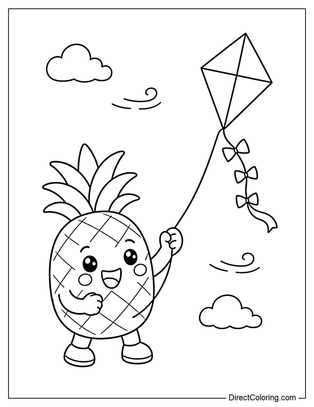 A pineapple is holding a string and flying a paper kite in the sky.