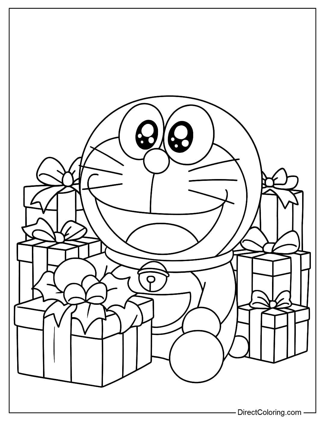 Doraemon coloring page sitting among many Christmas gift boxes, eyes wide open and sparkling.