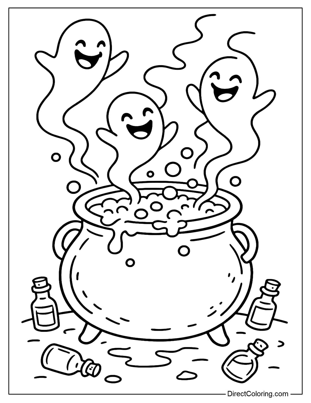 A boiling witch cauldron coloring page, with small spirit figures emerging from the smoke, and tiny potions around it.