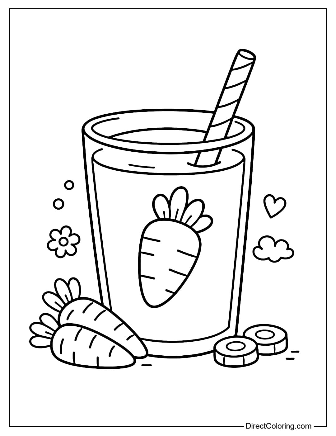 A cup of carrot juice with a straw and a simple carrot design on the cup.