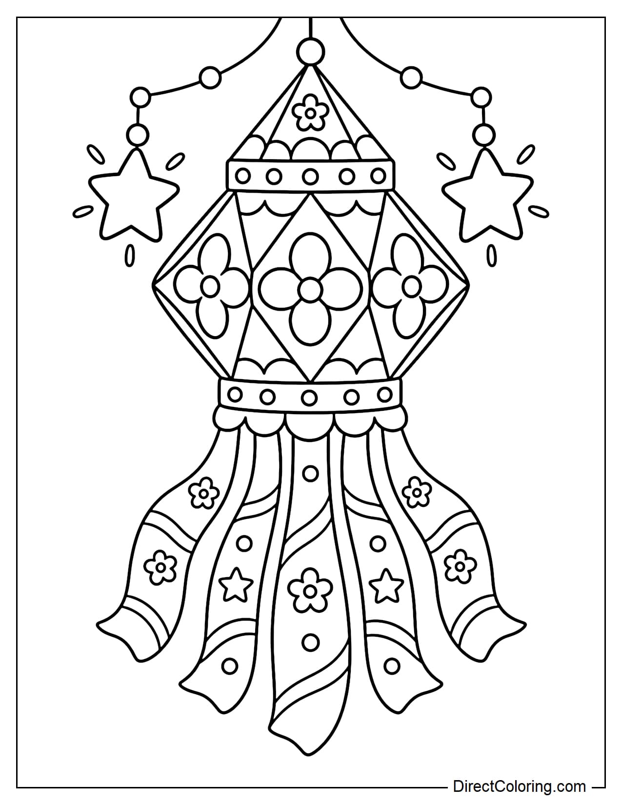 A giant diamond-shaped kandil lantern divided into large petal-shaped panels. Five curved tassels hang from the bottom, with two large stars suspended on either side.