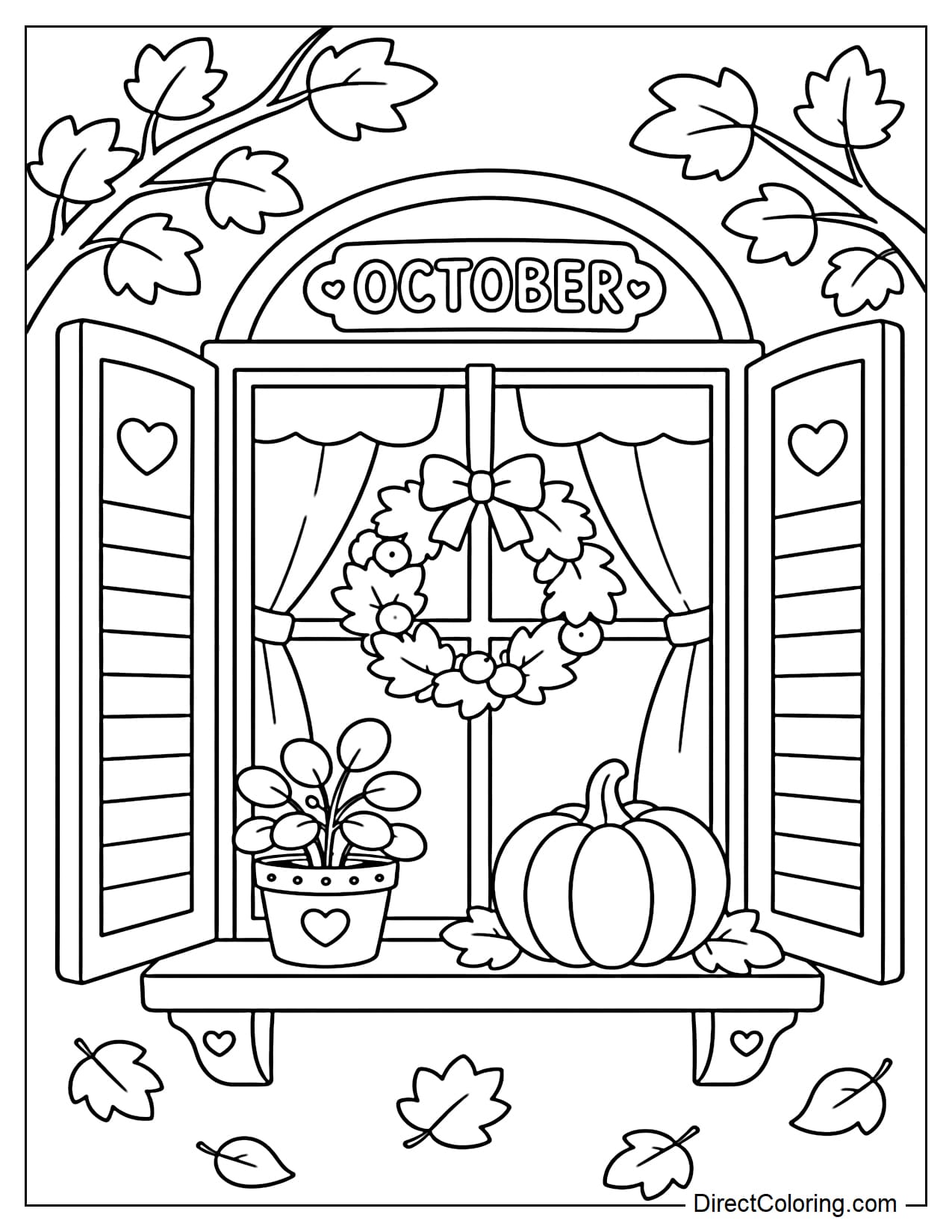An October-themed decorated window with autumn branches outside, soft curtains inside, a small potted plant, pumpkins, and a leafy wreath hanging on the window.