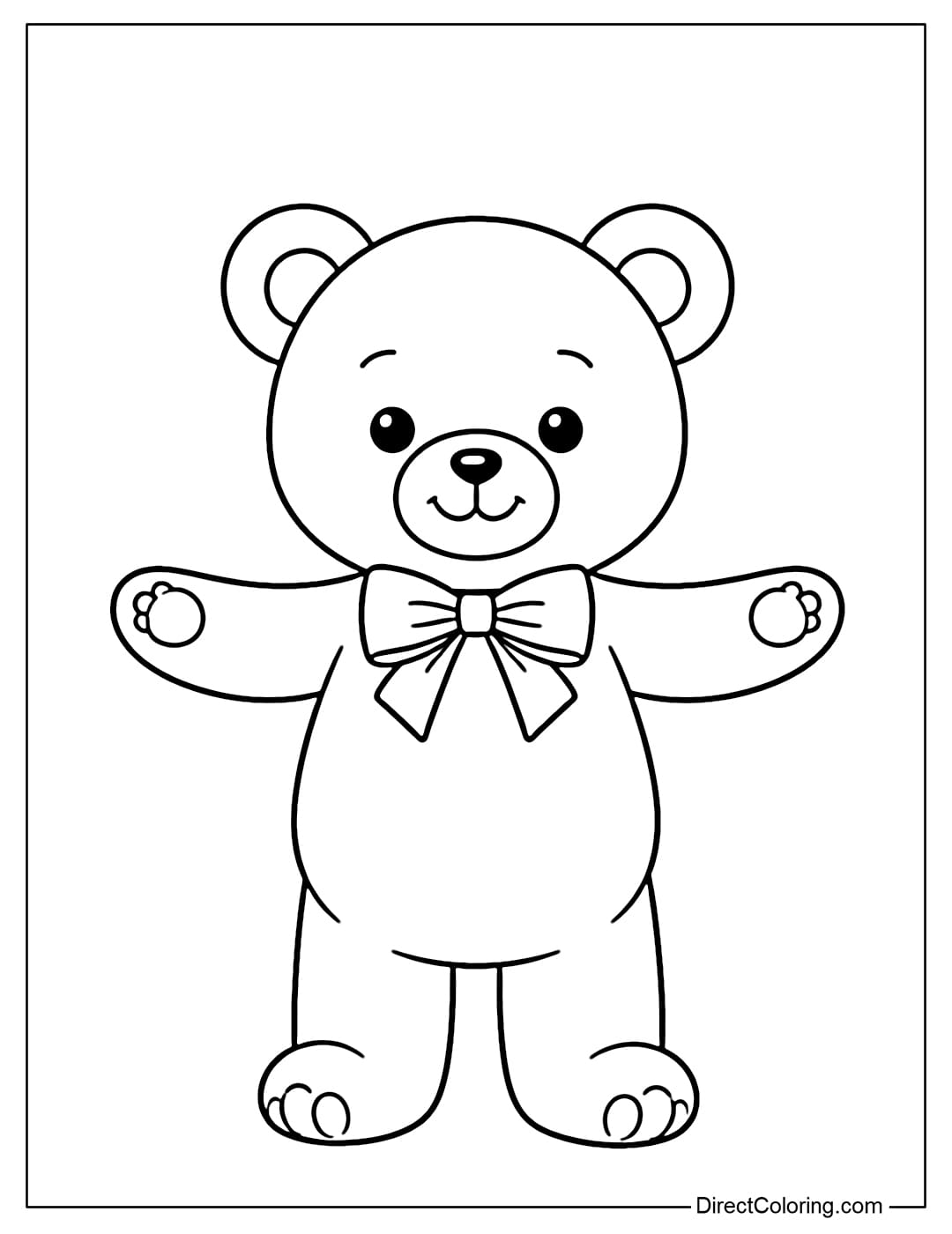 A coloring page of a standing teddy bear with its arms outstretched.