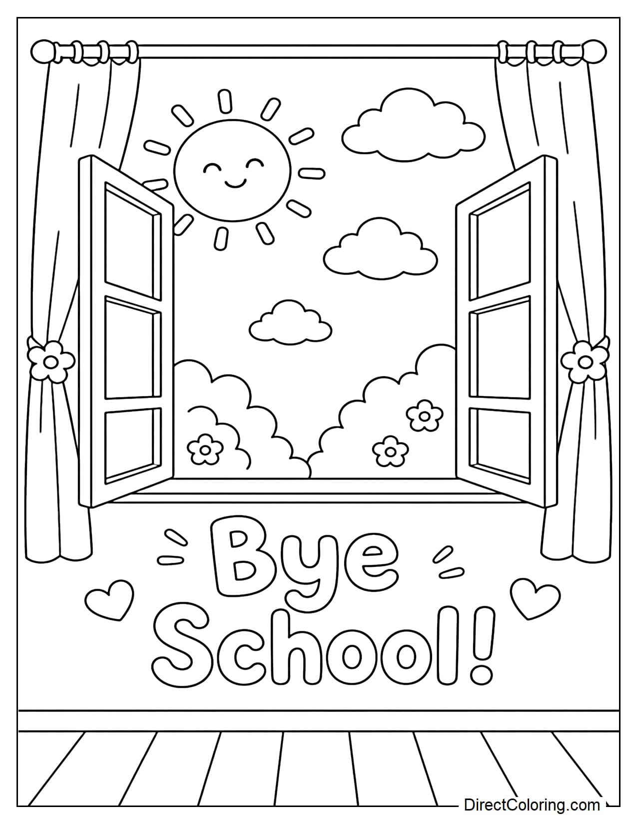A classroom window is wide open, showing the sun and a few simple clouds outside, with the words 