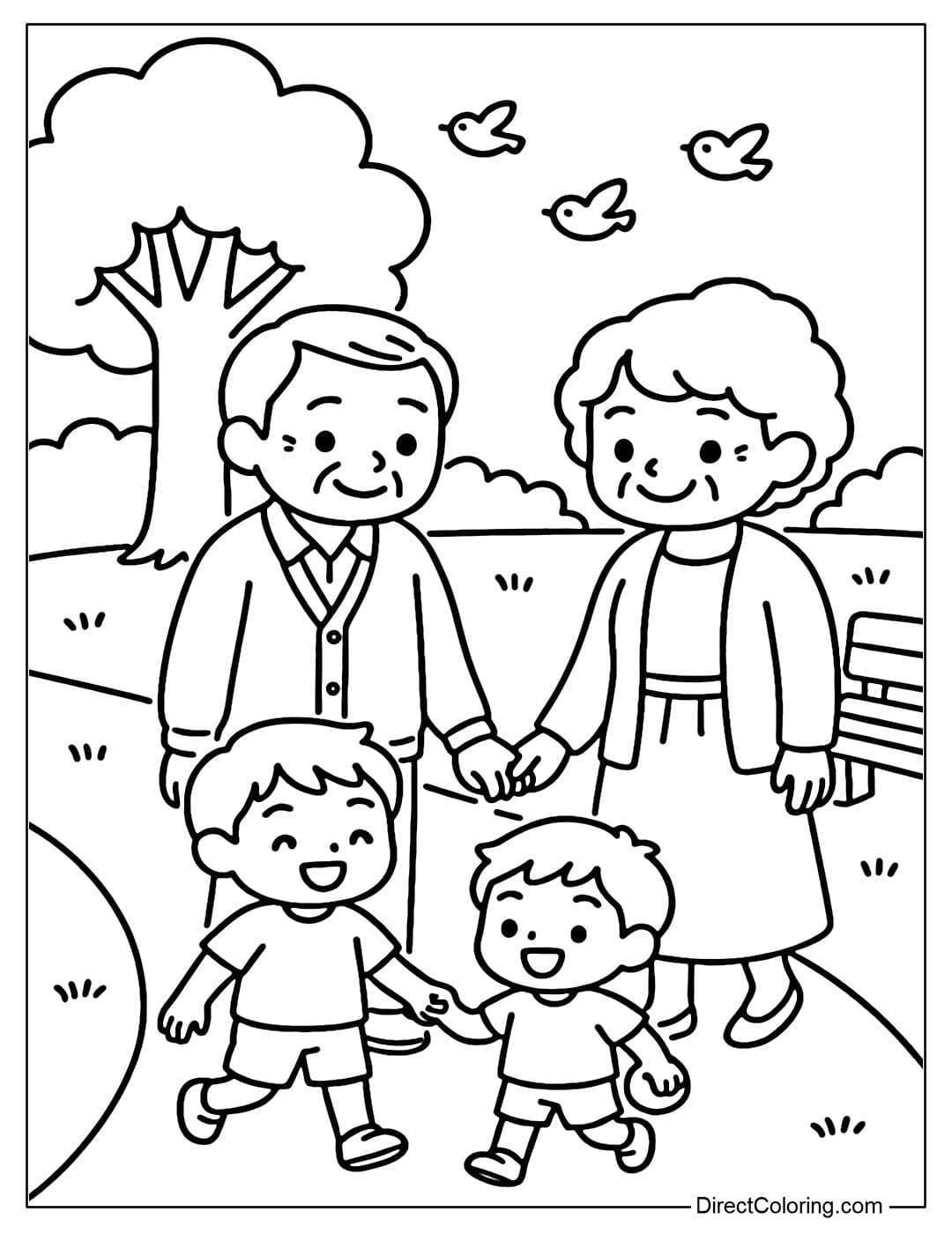 Coloring page of grandparents holding grandchildren's hands walking in the park, with green trees, stone benches, and small birds flying around.