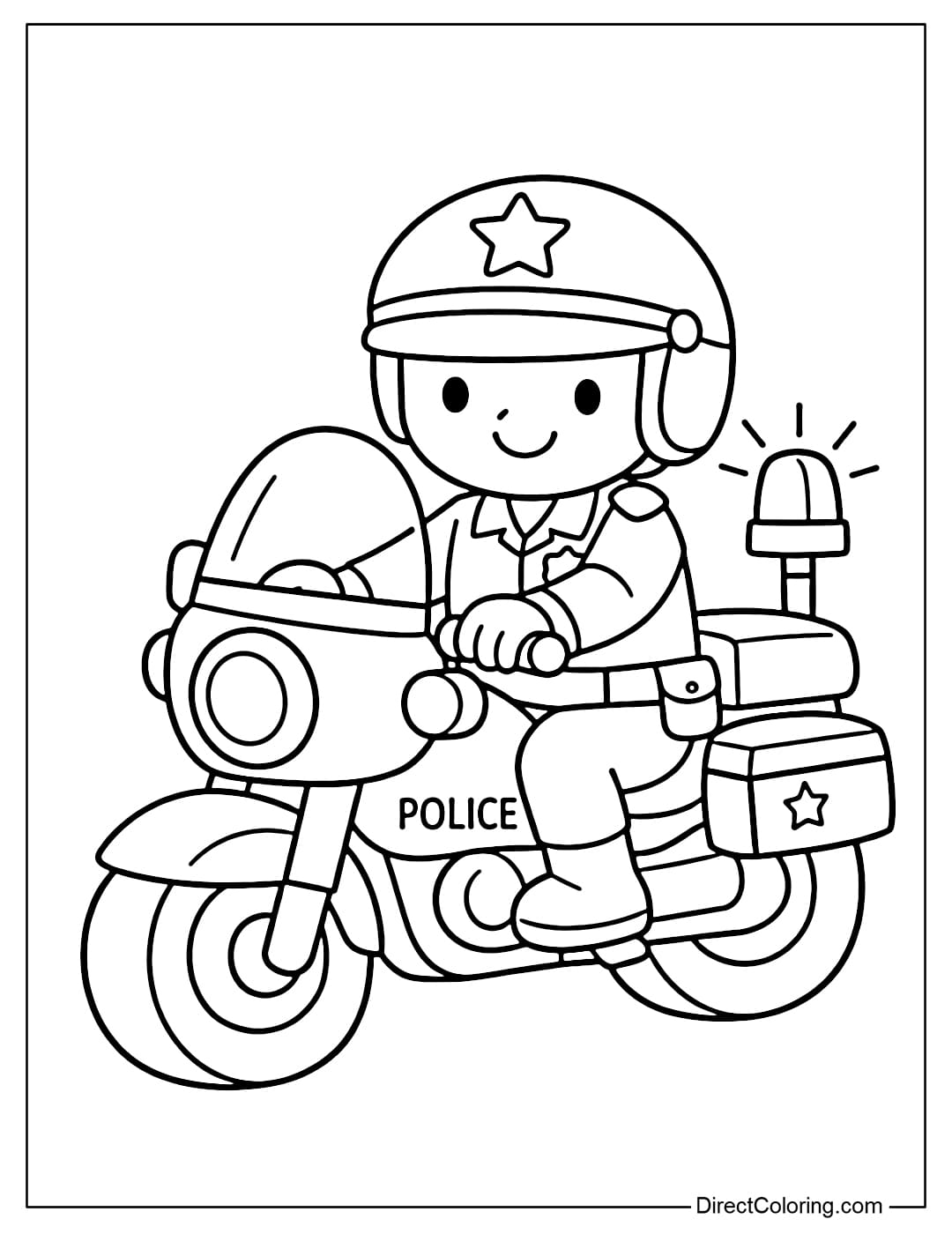 Coloring page of a patrol officer on a simple motorcycle.