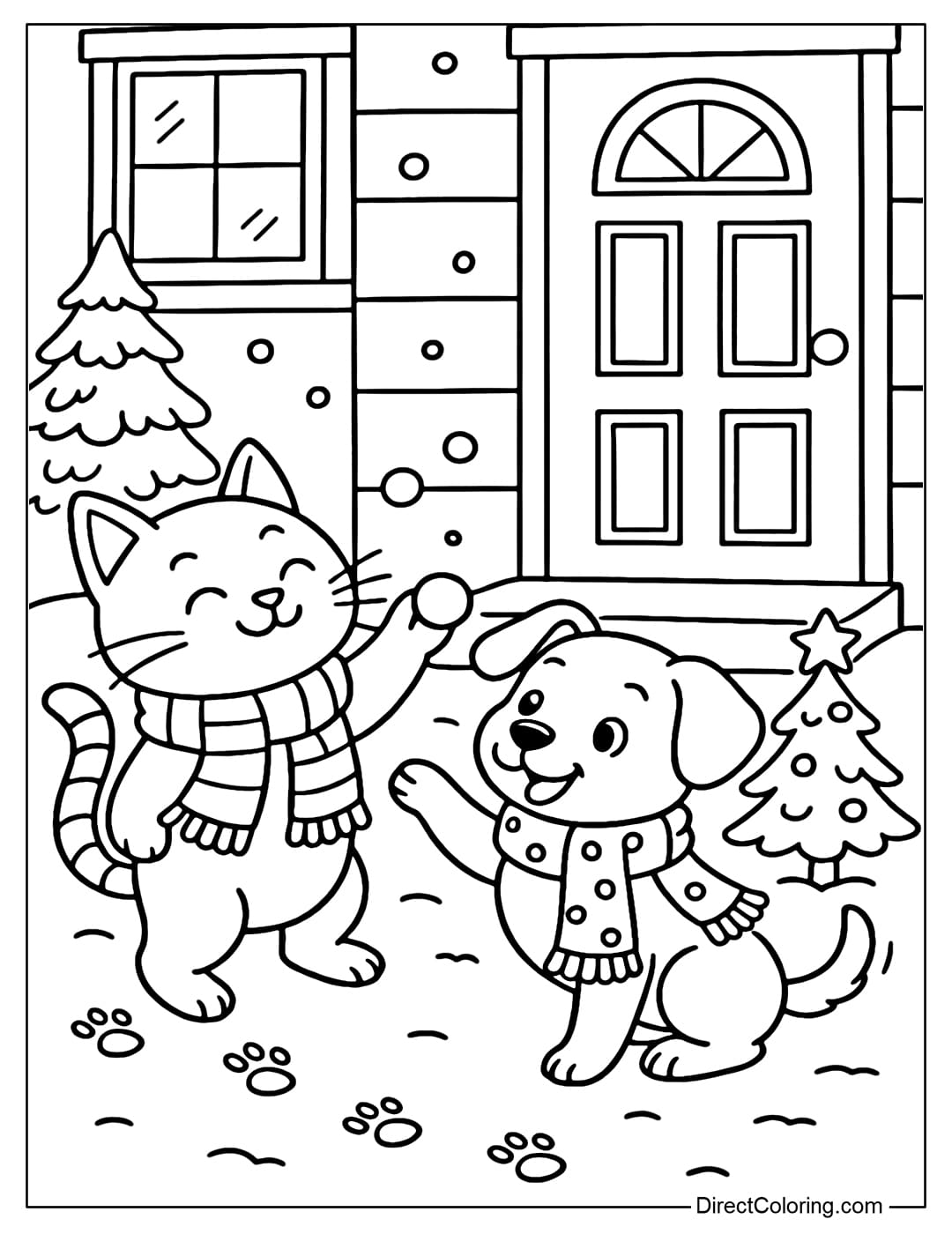 Coloring page of a cat and a puppy playing in the snow in front of the house.