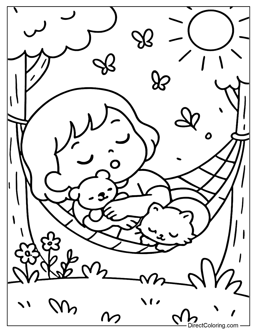 A coloring page of a peaceful afternoon nap on a hammock in the middle of nature, with a kitten lying next to her.