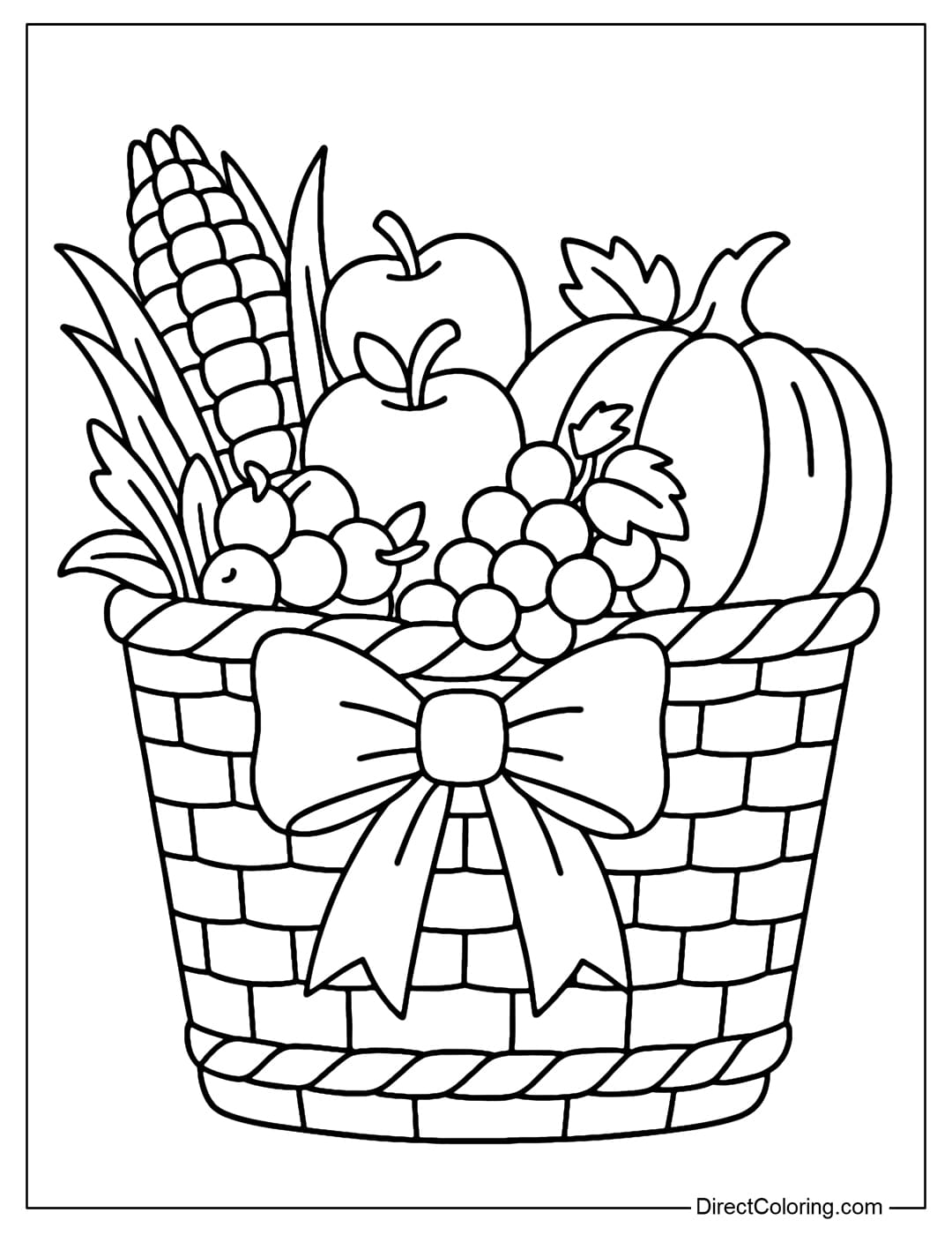 Coloring page of a harvest basket filled with corn, apples, grapes, pumpkins with a bow decorated for autumn.