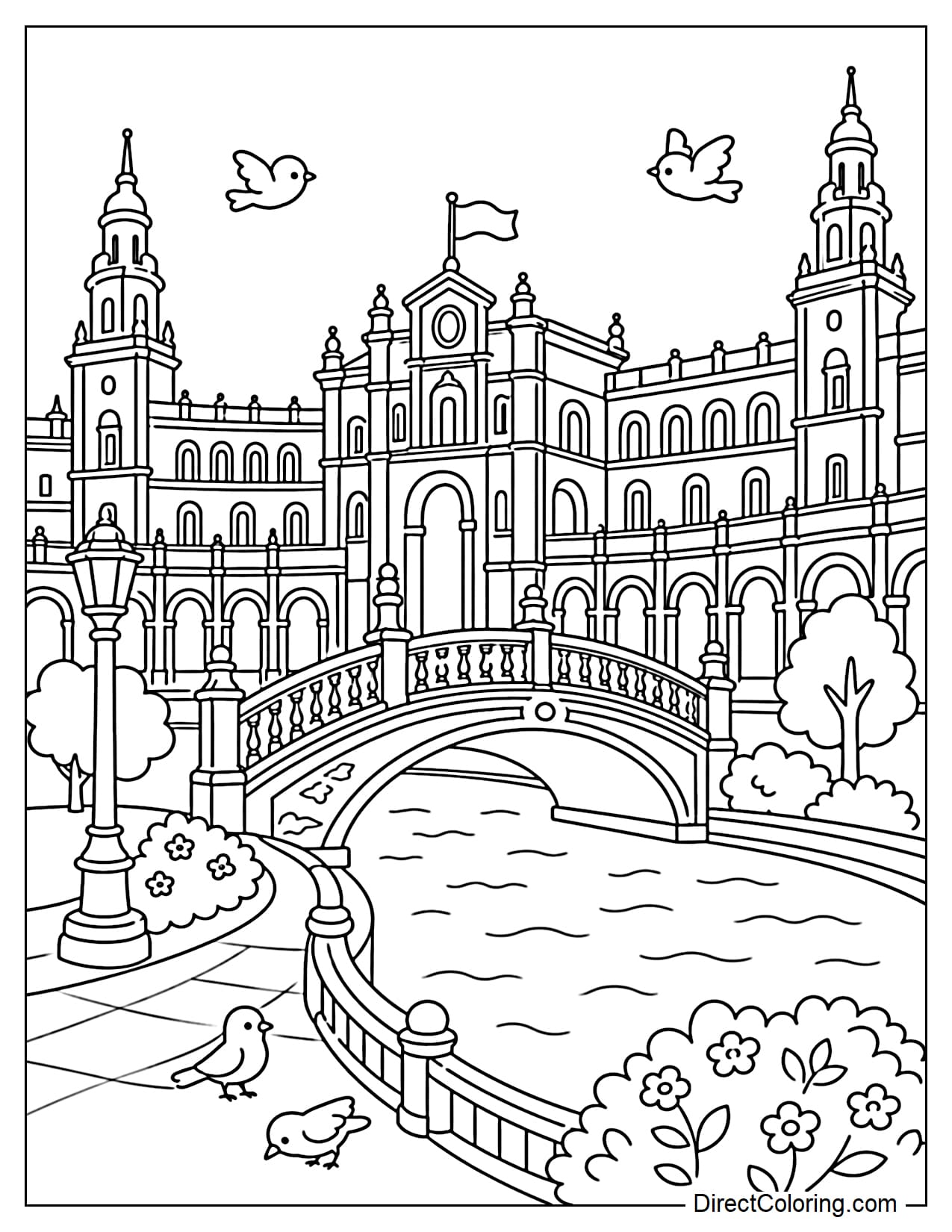 Plaza de España, with its characteristic curved buildings, small bridge, and simplified front pond, is enhanced with a few birds and small trees.